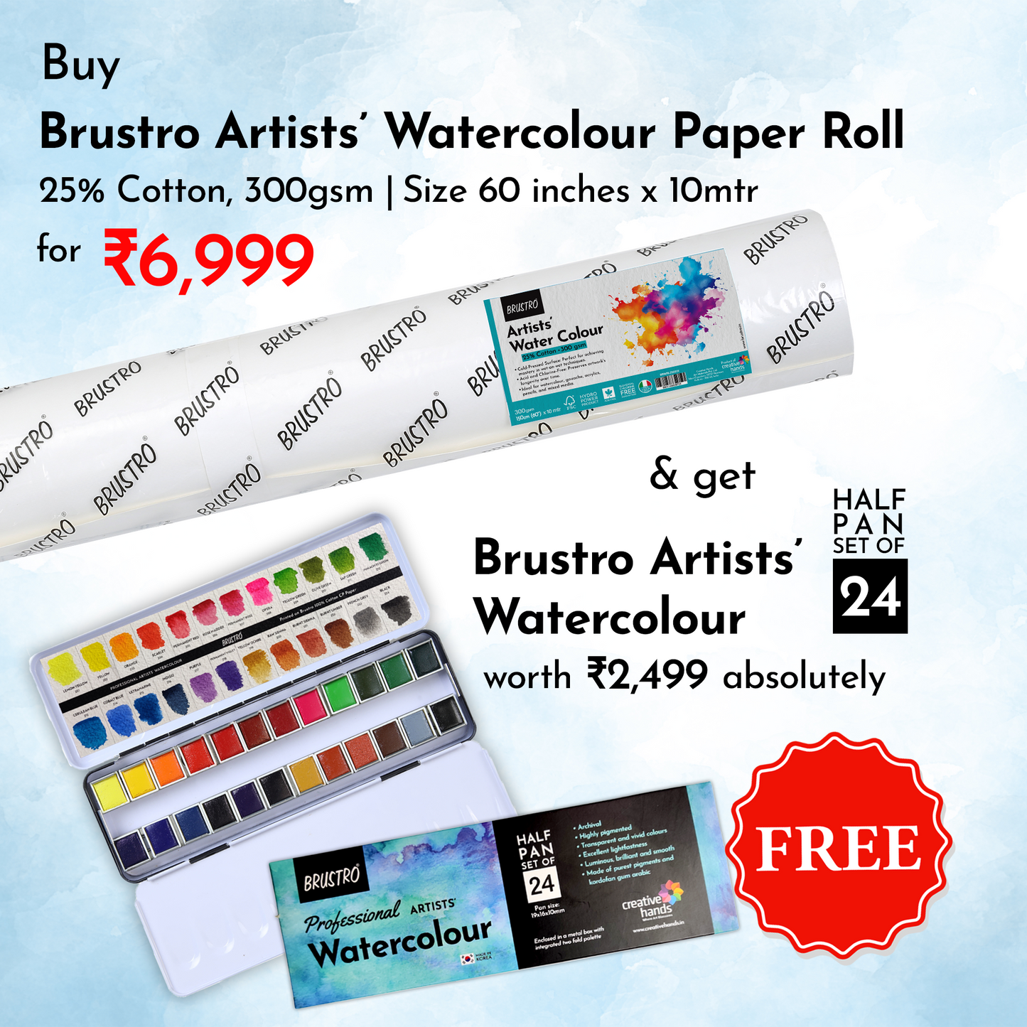Brustro Artist Watercolour 25%Cotton Paper ROLL 300GSM Cold Pressed Size 60 inchesx10mtr With FREE Artist Professional Watercolour Half Pan Set of 24 worth Rs.2499.Ideal for Artist Drawing,Painting Dry & Wet