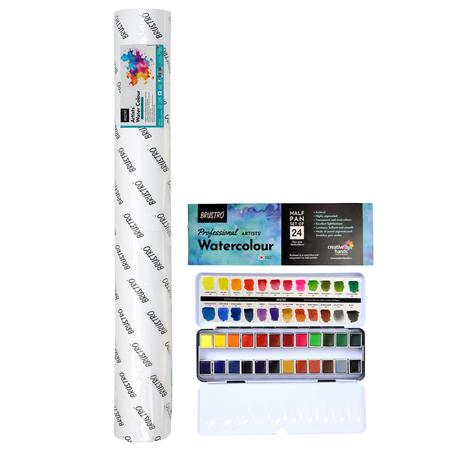 Brustro Artist Watercolour 25%Cotton Paper ROLL 300GSM Cold Pressed Size 60 inchesx10mtr With FREE Artist Professional Watercolour Half Pan Set of 24 worth Rs.2499.Ideal for Artist Drawing,Painting Dry & Wet