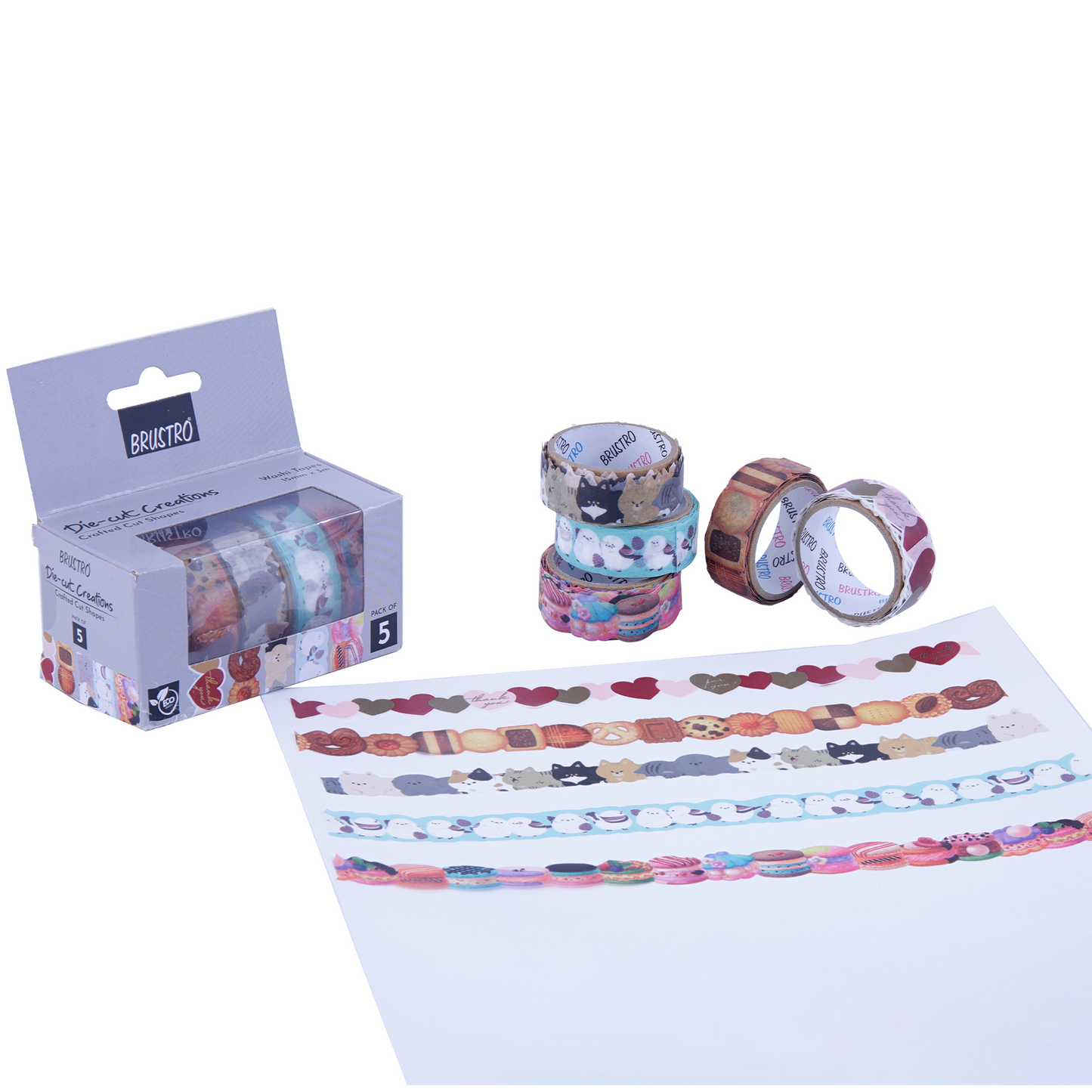 BRUSTRO Die-Cut Creations Washi Tapes | Set of 5 | 15 mm x 3 mtrs | Low Tack Adhesive