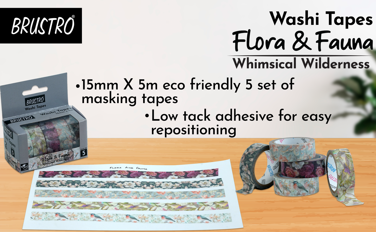 BRUSTRO Washi Masking Tapes |Flora and Fauna Shade|15 mm x 5 mtrs (Set of 5)| Low Tack Adhesive