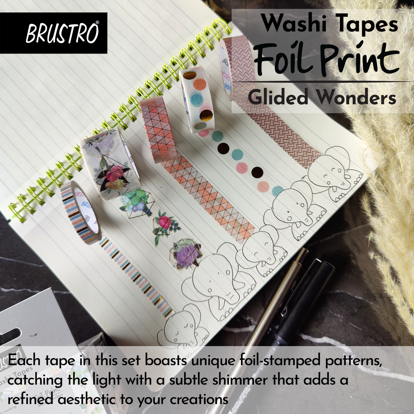 BRUSTRO Washi Tapes Foil Prints Glided Wonders Shade, Set of 5 (25 mm x 5m - 1 Tape, 15 mm x 5m - 3 Tapes, 7mm x 5m - 1 Tape)