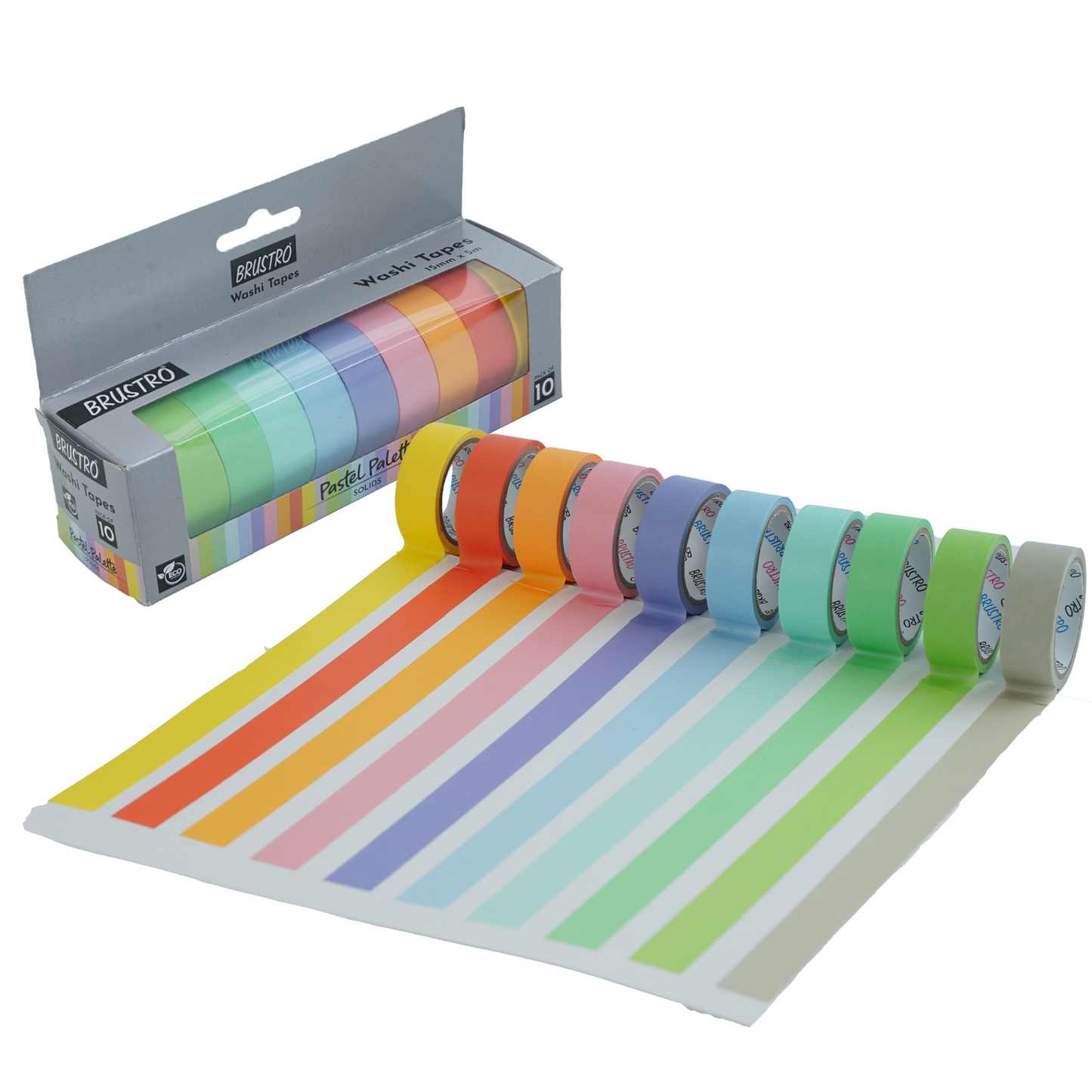 BRUSTRO Washi Masking Tapes Pastel Palette Solids Shade | 15mm X 5mtrs (Set of 10) | Eco friendly, Lightweight, Scrapbooking, Ideal for Card Making, Gift Wrapping, Home Decor, Crafting.