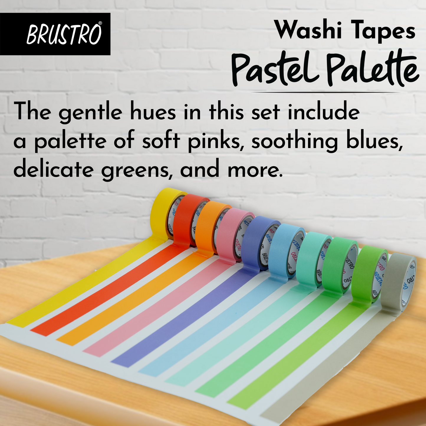 BRUSTRO Washi Masking Tapes Pastel Palette Solids Shade | 15mm X 5mtrs (Set of 10) | Eco friendly, Lightweight, Scrapbooking, Ideal for Card Making, Gift Wrapping, Home Decor, Crafting.