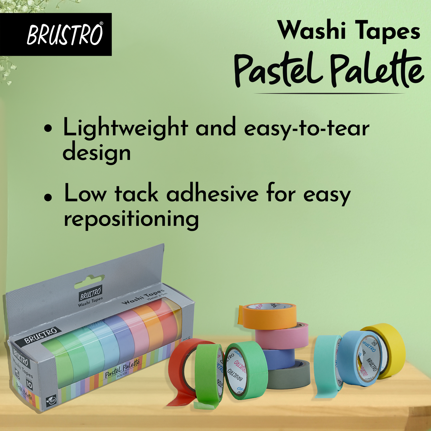 BRUSTRO Washi Masking Tapes Pastel Palette Solids Shade | 15mm X 5mtrs (Set of 10) | Eco friendly, Lightweight, Scrapbooking, Ideal for Card Making, Gift Wrapping, Home Decor, Crafting.