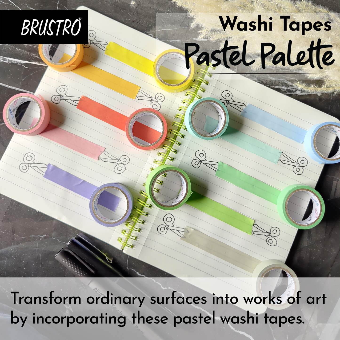 BRUSTRO Washi Masking Tapes Pastel Palette Solids Shade | 15mm X 5mtrs (Set of 10) | Eco friendly, Lightweight, Scrapbooking, Ideal for Card Making, Gift Wrapping, Home Decor, Crafting.