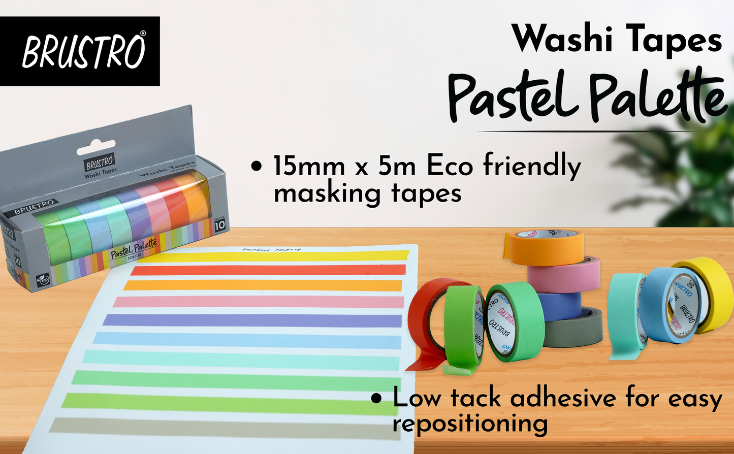 BRUSTRO Washi Masking Tapes Pastel Palette Solids Shade | 15mm X 5mtrs (Set of 10) | Eco friendly, Lightweight, Scrapbooking, Ideal for Card Making, Gift Wrapping, Home Decor, Crafting.