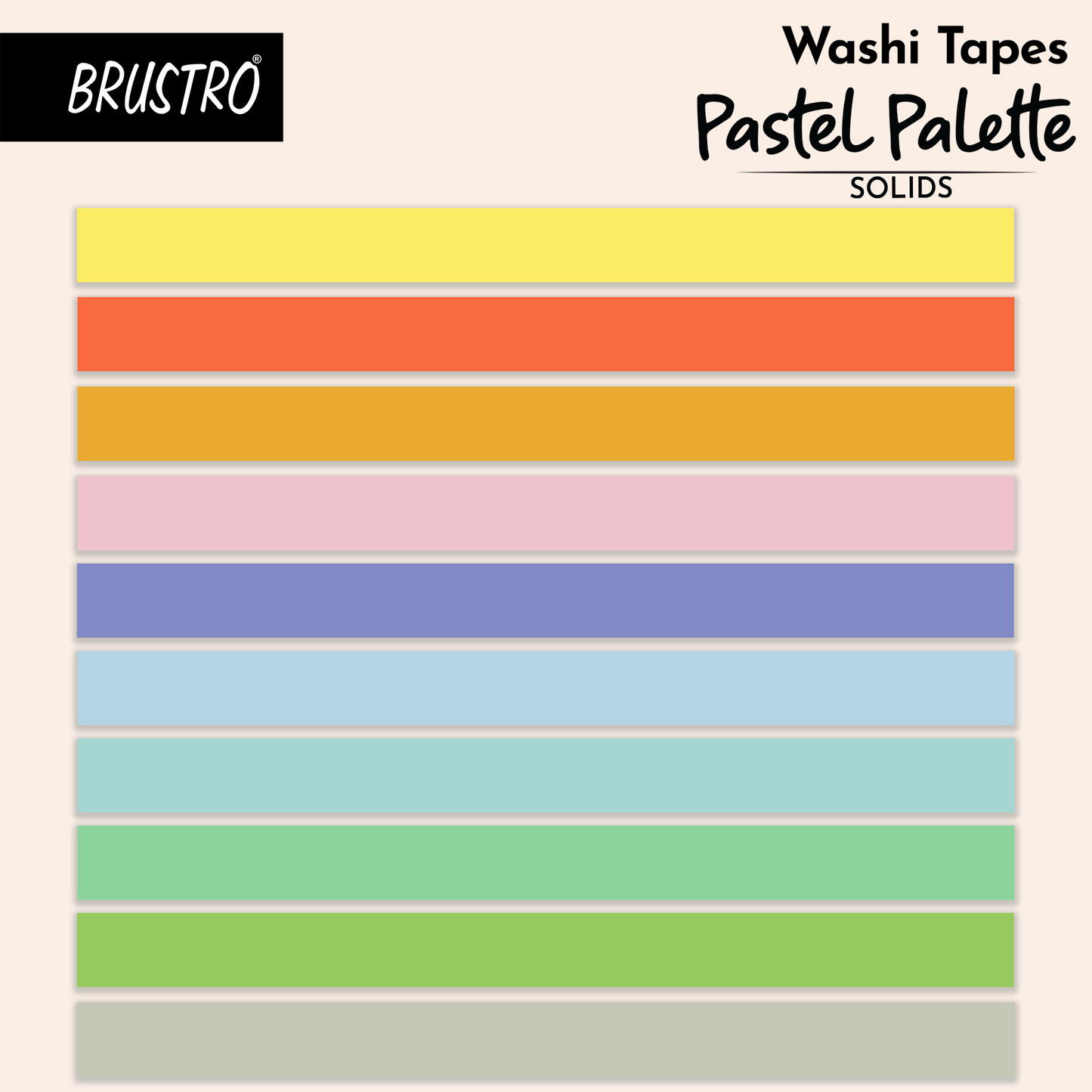 BRUSTRO Washi Masking Tapes Pastel Palette Solids Shade | 15mm X 5mtrs (Set of 10) | Eco friendly, Lightweight, Scrapbooking, Ideal for Card Making, Gift Wrapping, Home Decor, Crafting.