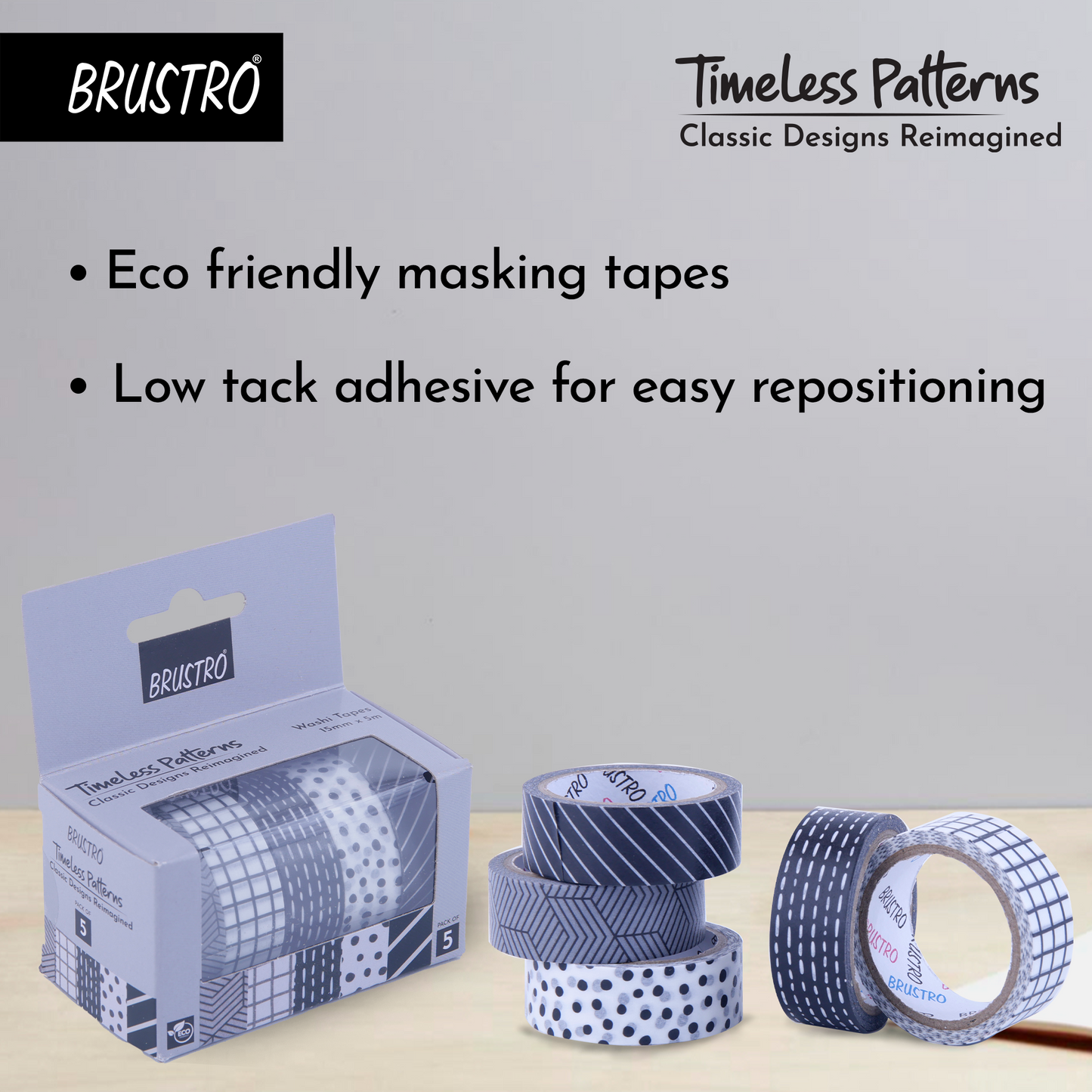 BRUSTRO Timeless Patterns Washi Tapes | Set of 5 | 15 mm x 5 mtrs | Low Tack Adhesive