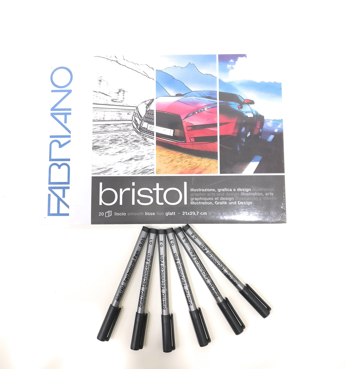 BRUSTRO Combo Technical Pen Black & Fabriano Bristol Glued Block A4 (Assorted) - Set of 6