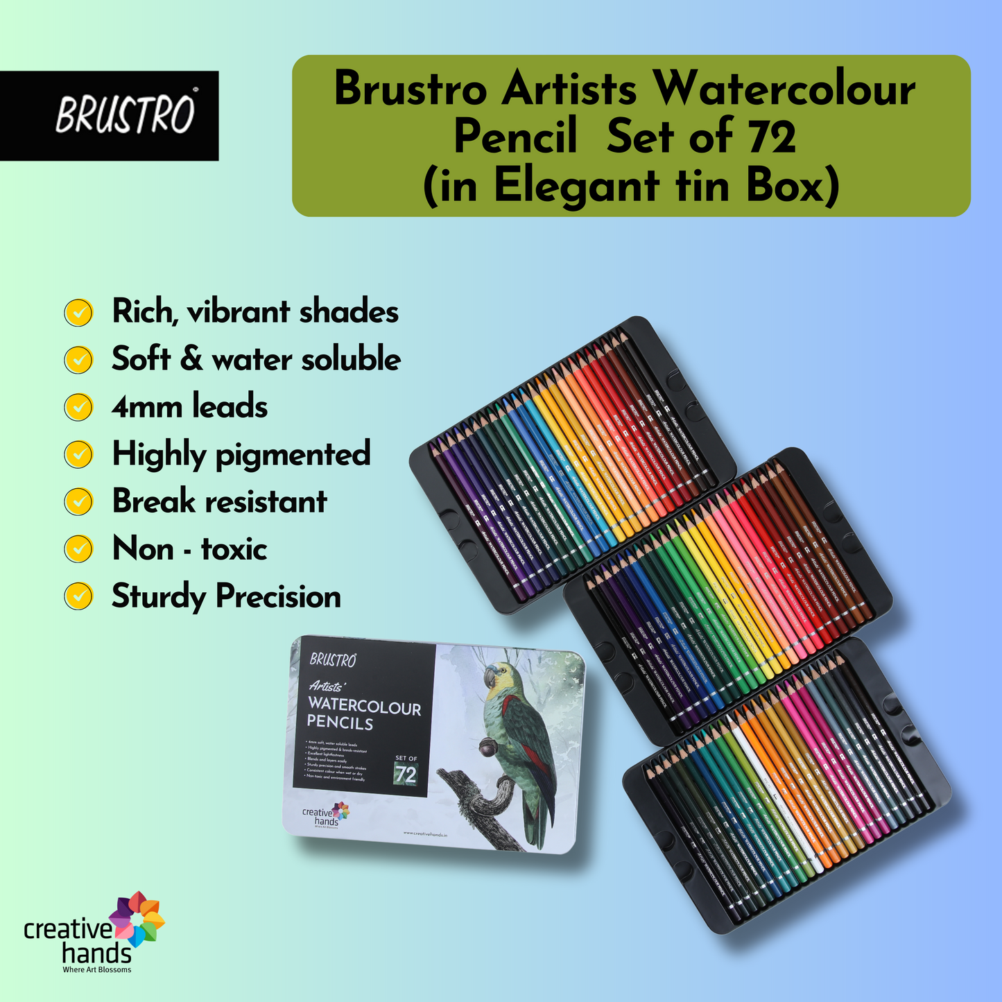 Brustro Artists Watercolour Pencils | Set of 72 Colors in Elegant tin Box |4mm Leads, Non-toxic, Break-resistant, water soluble, Suitable for Blending, Layering, Painting.