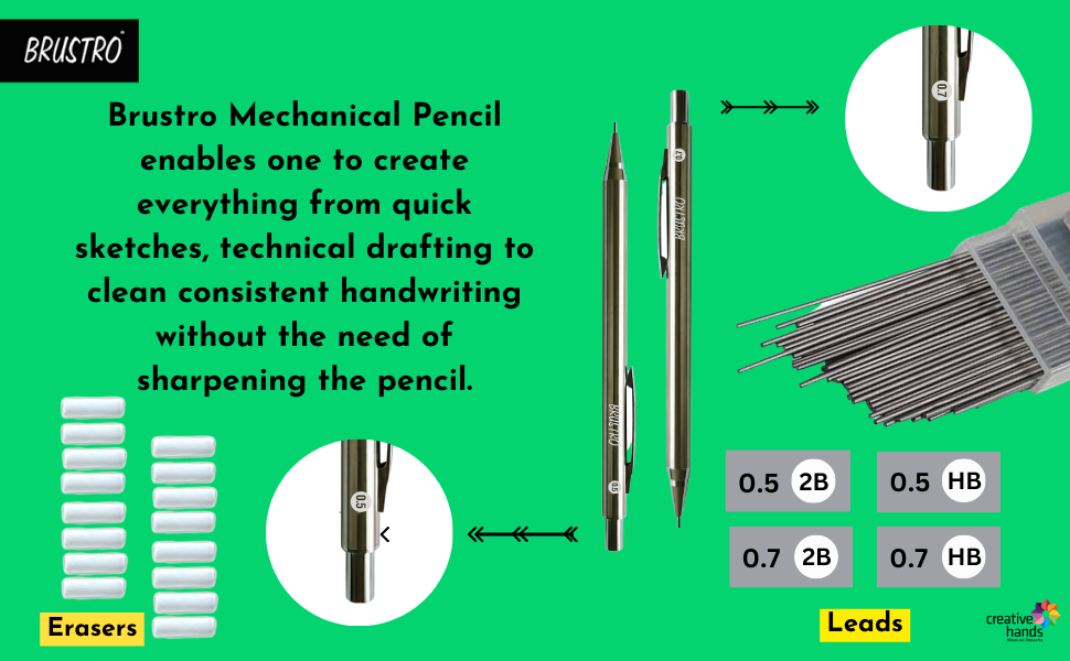 BRUSTRO Mechanical Pencil Set | HB-20 leads, 2B-20 leads, Spare eraser- 8 units|Tip size- 0.5 mm |Ideal for Students,Adults, Home,School,Office,Stationery Use |Writing, Sketching, Drawing, Mandala Art