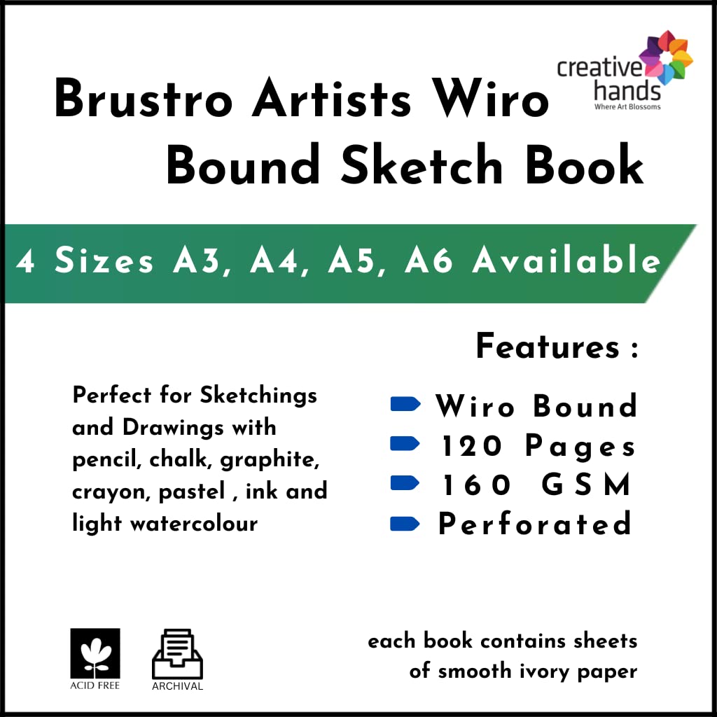 Brustro Artist's Small Wiro Bound Sketch Book | A6 Size, 120 Pages, 160 GSM | Ideal for Sketching, Shading, Drawing, Blending, Mandala, Fine Art, Portrait, Spiral, Professional, Fine Art Students.