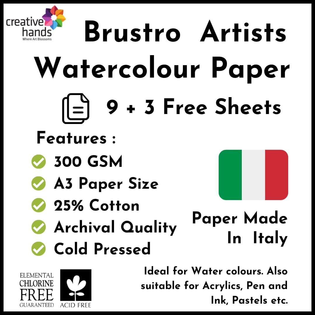 BRUSTRO Artist's Watercolour Paper | 300 GSM, A3, 25% Cotton, Cold Pressed | Pack of 5+1 Sheets | Ideal for Professional Painting, Acrylic, gouache. Dry & Wet, Fine Art students.