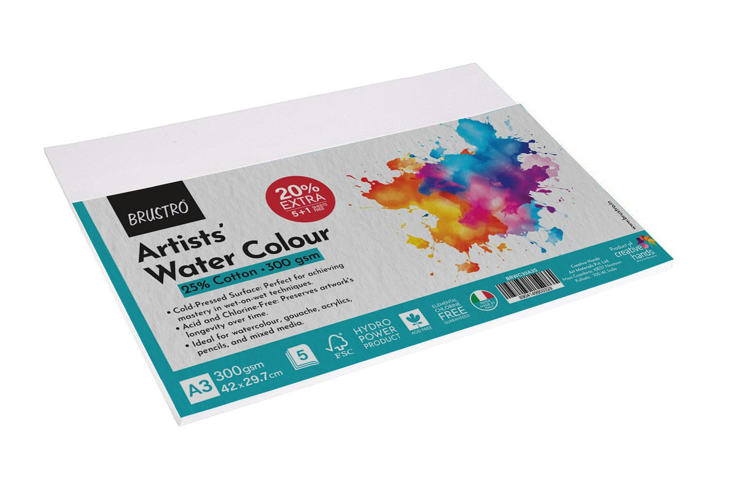 BRUSTRO Artist's Watercolour Paper | 300 GSM, A3, 25% Cotton, Cold Pressed | Pack of 5+1 Sheets | Ideal for Professional Painting, Acrylic, gouache. Dry & Wet, Fine Art students.