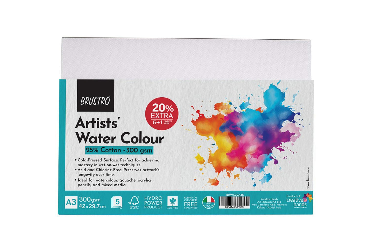 BRUSTRO Artist's Watercolour Paper | 300 GSM, A3, 25% Cotton, Cold Pressed | Pack of 5+1 Sheets | Ideal for Professional Painting, Acrylic, gouache. Dry & Wet, Fine Art students.