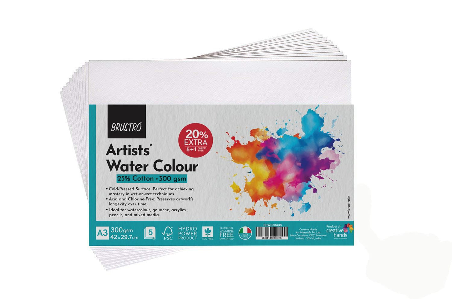 BRUSTRO Artist's Watercolour Paper | 300 GSM, A3, 25% Cotton, Cold Pressed | Pack of 5+1 Sheets | Ideal for Professional Painting, Acrylic, gouache. Dry & Wet, Fine Art students.