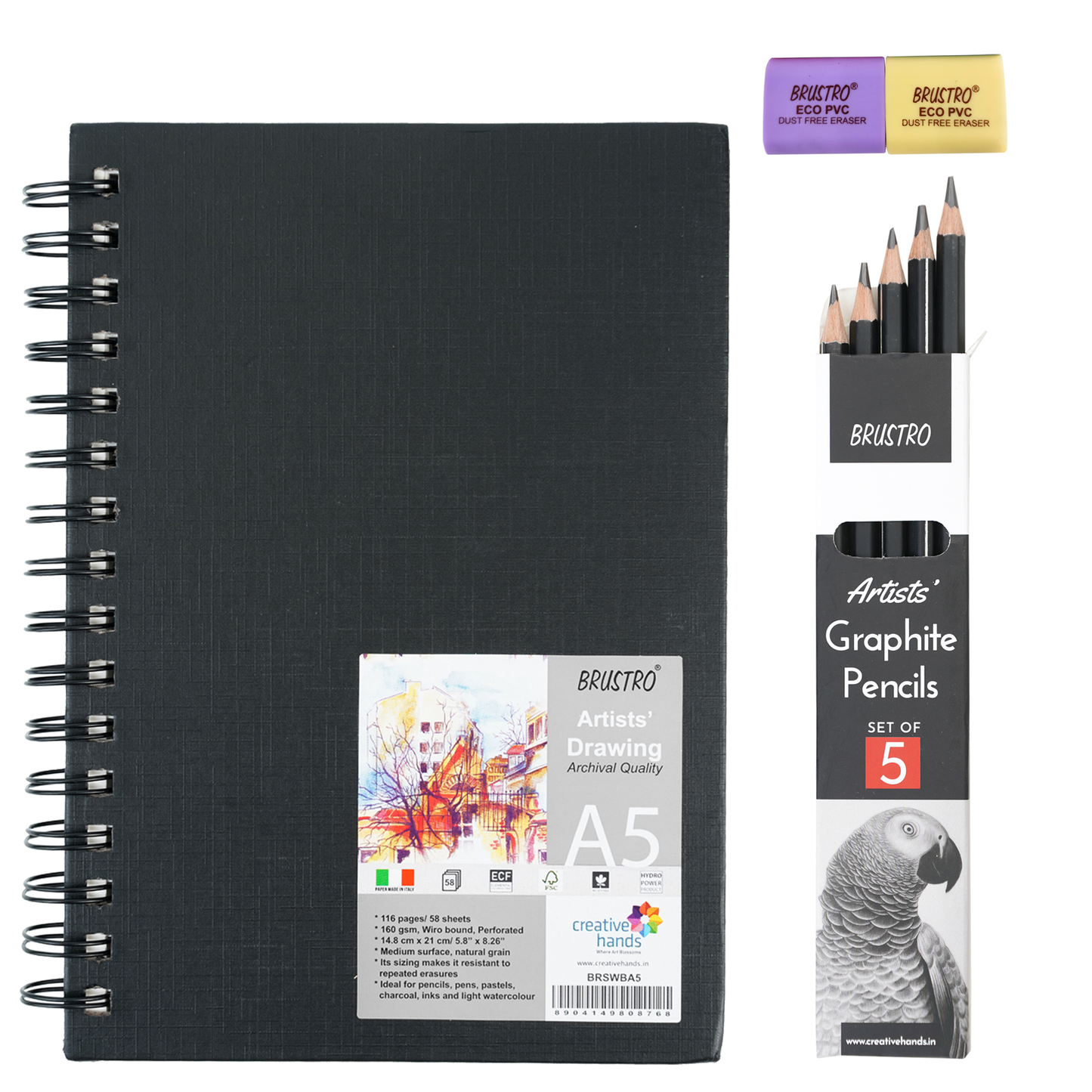 BRUSTRO Graphite Pencil Set of 5 (2B, 4B, 6B, 8B, 10B) with Artists Sketch Book - Wiro Bound, A5 (14.8 x 21 CM), 116 Pages,160 GSM and ECO PVC Dust Free Erasers (2 Pcs) | Drawing,Sketching,Mandala Art