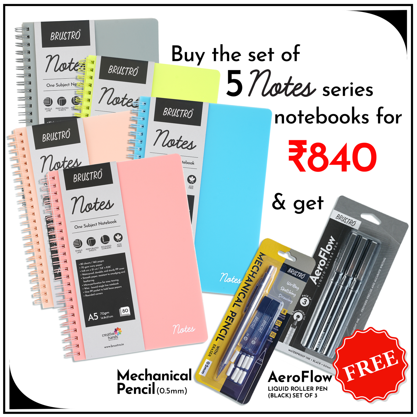 BRUSTRO Notes A5 Size,1 Subject Ruled Notebooks (Set of 5) with Free BRUSTRO Mechanical Pencil 0.5mm and AeroFlow Liquid Ink Rollerball Pens 0.5 Micro Tip (Worth Rs. 348)