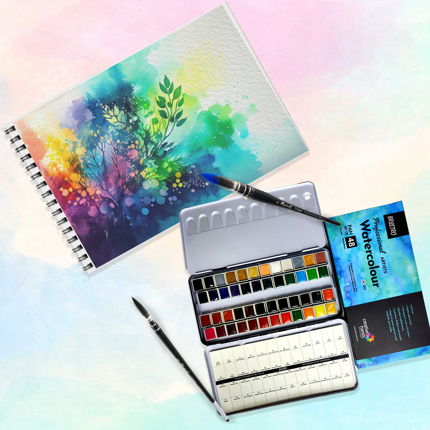 Brustro Professional Artists Watercolour 48 Half pan Set(Free 100% Cotton Watercolour Journal 300 GSM, A5 and Raphael brushes worth Rs.2022/-)