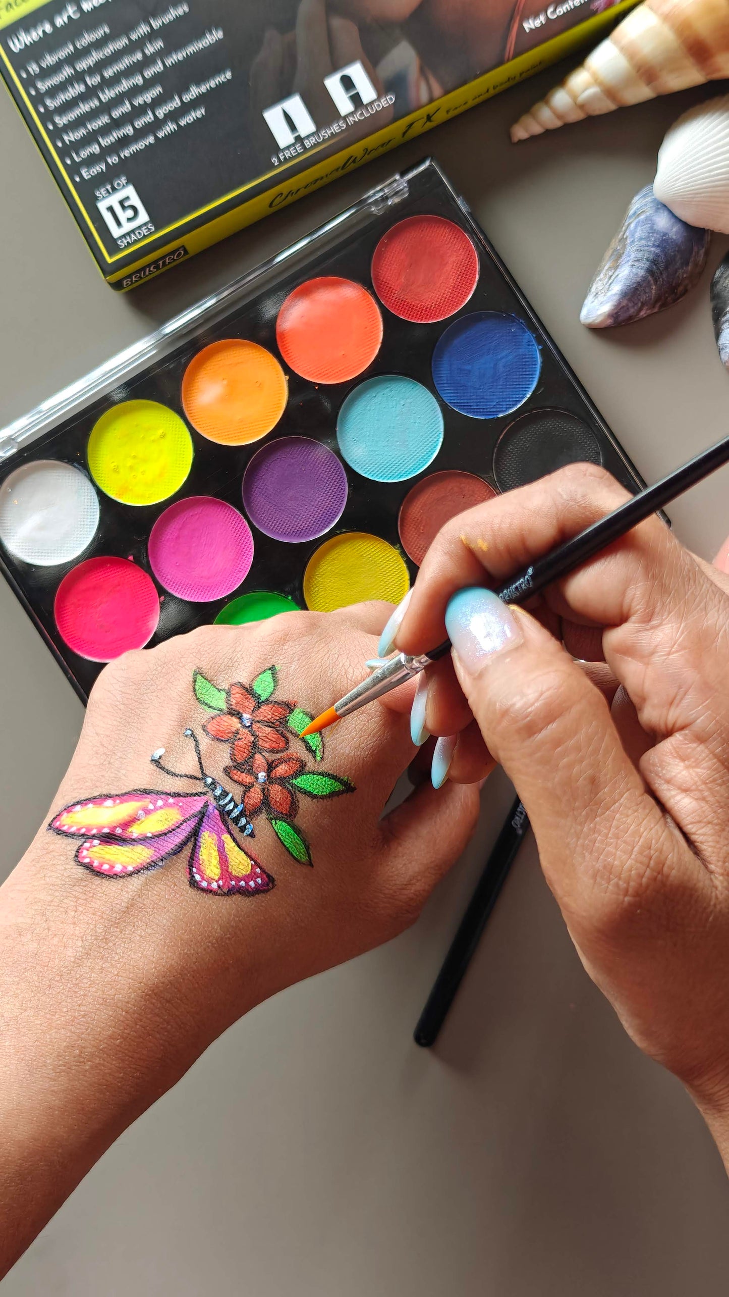 Brustro ChromaWear FX Face & Body Paint| 25g,Set of 15 Vibrant Shades|Includes 2 Free Brushes,Skin-Safe,Non-Toxic,Vegan|Face Art,Cosplay,Festivals and Stage Play for Adult and Kids (Above 3 Years old)