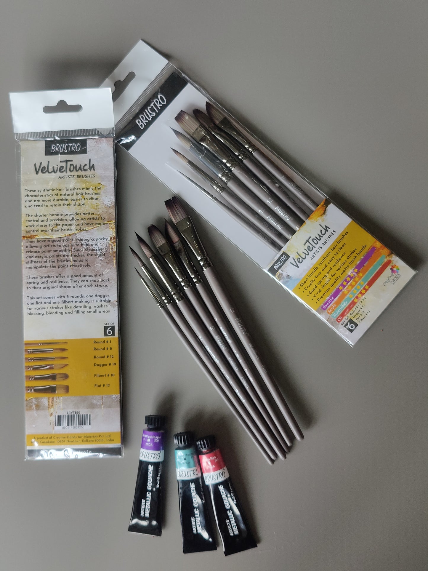 BRUSTRO VelveTouch Artist Brushes | Set of 6 | Gouache, Acrylics, Watercolor, and Oil Painting | Short Handle, Synthetic Bristles, Round, Filbert, Dagger, Flat Shape