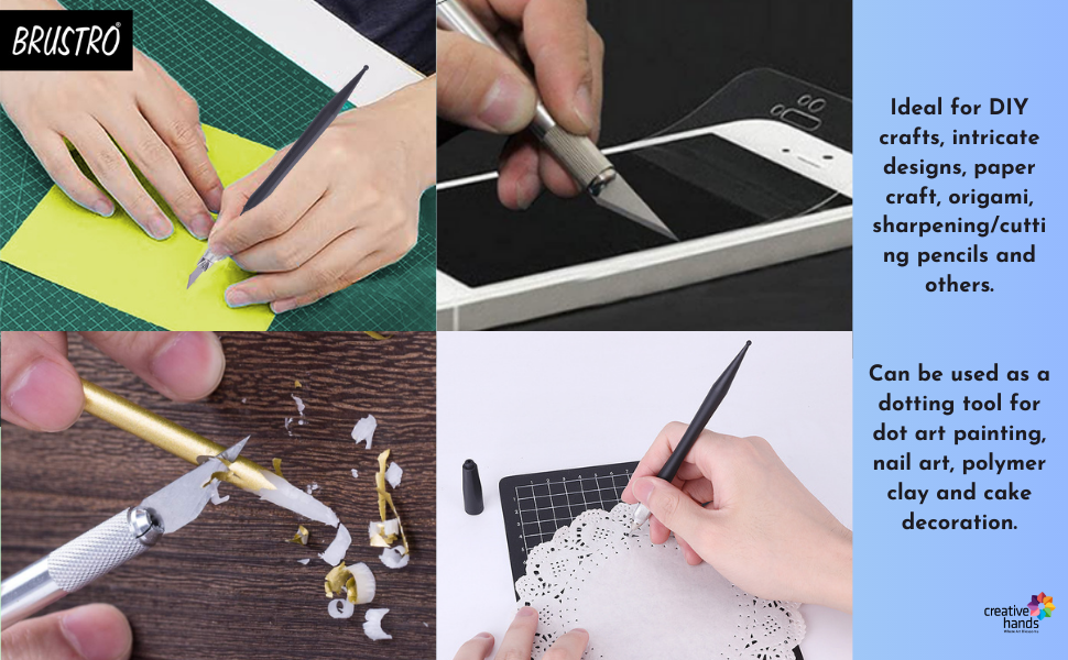 BRUSTRO Crafters Pen Knife with Embossing Stylus | 8 Blade Refills included | Lightweight, Textured Grip, Ideal for DIY Crafts, Intricate Designs, Paper Craft, Origami, Sharpening, Cutting Pencils