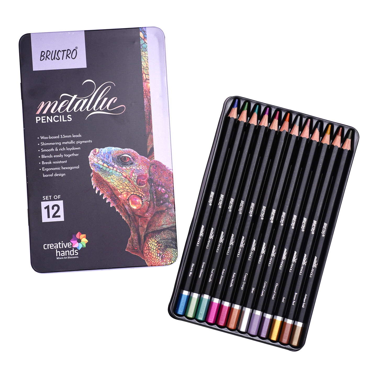 BRUSTRO Artist Metallic Colour Pencil Set of 12 Shades, 3.3mm lead | Wax-based, Ergonommic, Break Resistant, Easy Blending, Non-toxic Colors, Ideal for Fine Art and Craft.