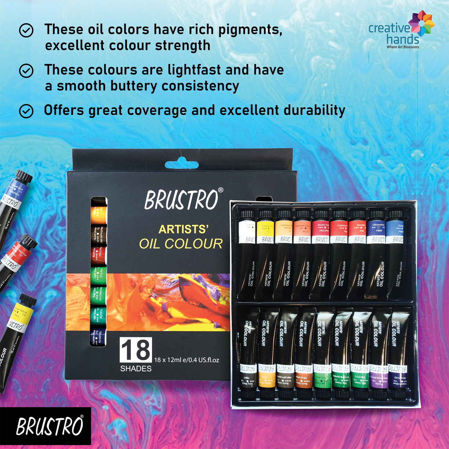 BRUSTRO Artists’ Oil Colour Set of 18 Colours X 12ML Tubes