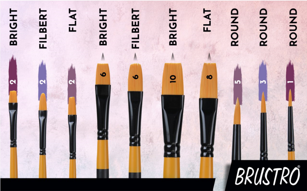 BRUSTRO Artists Gold Taklon Brushes Set of 10| Ideal for Acrylics, Oil paintings, Watercolour | long handle, Bright, Filbert, Flat, Round, Professional Art, School, Office Use.
