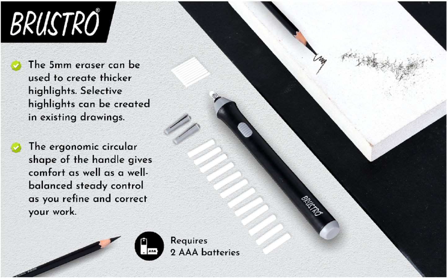 Brustro Slim Battery Operated Automatic Eraser, with 22 Refills and 2 Eraser Holders
