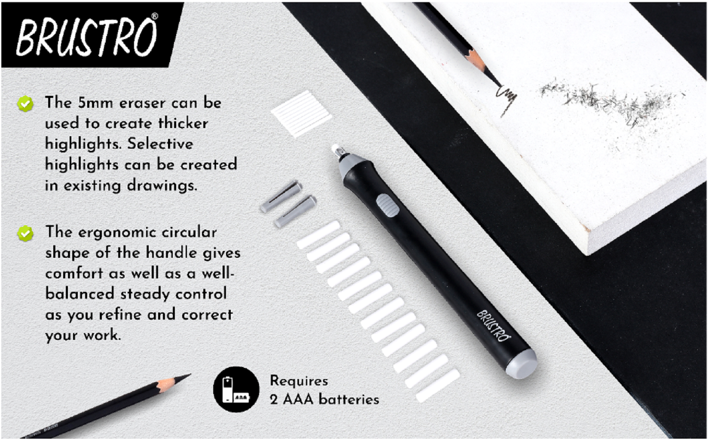 BRUSTRO Automatic Eraser | 2.3mm, 5mm| 22 Refills, 2 Eraser Holders | Ideal for Students and Adults, Drawing, Sketching, Mandala, Portrait | Battery Operated, Electric (Batteries not Included)