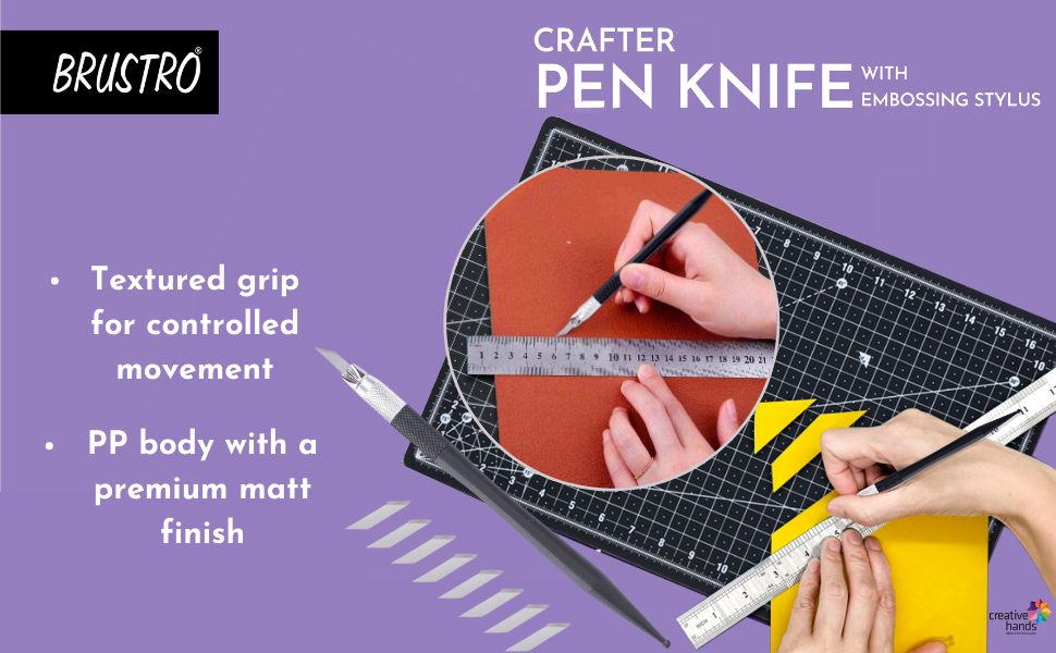 BRUSTRO Crafters Pen Knife with Embossing Stylus | 8 Blade Refills included | Lightweight, Textured Grip, Ideal for DIY Crafts, Intricate Designs, Paper Craft, Origami, Sharpening, Cutting Pencils