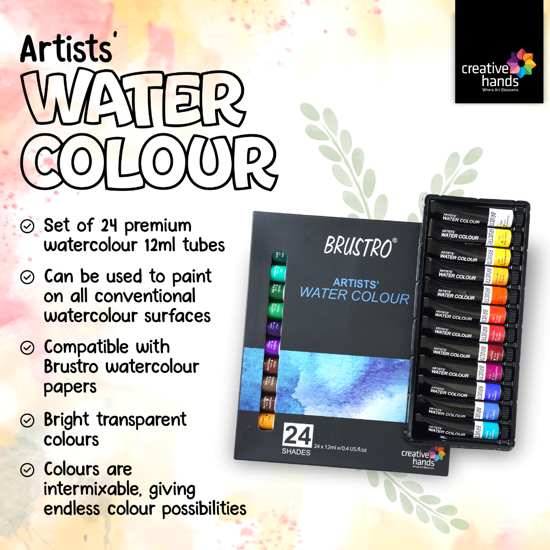 BRUSTRO Artists ’ Watercolour Set of 24 Colours X 12ML Tubes with Artist 25% Cotton Pad Cold Pressed 200 GSM A4 Pad 20 Sheets and Aqua Squeeze Leak Proof Brush Pen