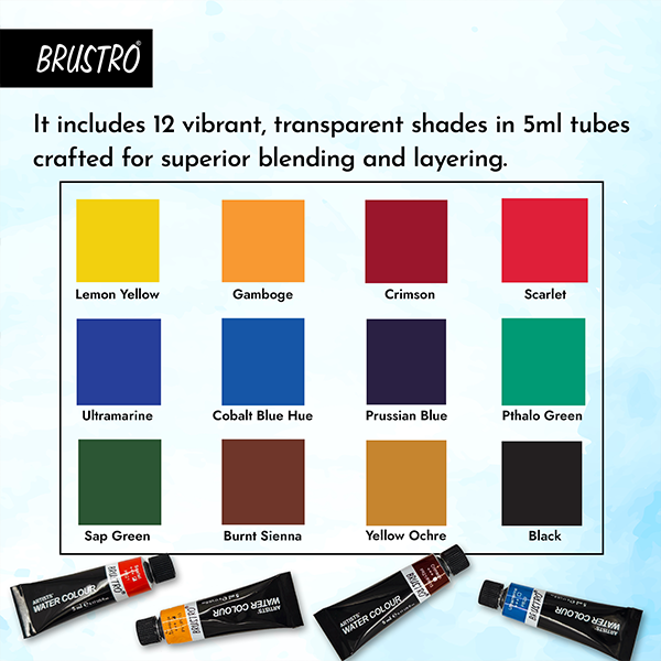 BRUSTRO Artist's Watercolour Paint | Set of 12 Colours X 5ML Tubes | Ideal for Landscape, Portrait, Paper, Painting, Artist, Professional watercolor, Transparent Colors, Painting Dry & Wet, Fine Art