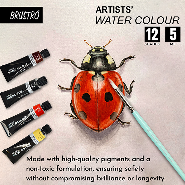 BRUSTRO Artist's Watercolour Paint | Set of 12 Colours X 5ML Tubes | Ideal for Landscape, Portrait, Paper, Painting, Artist, Professional watercolor, Transparent Colors, Painting Dry & Wet, Fine Art