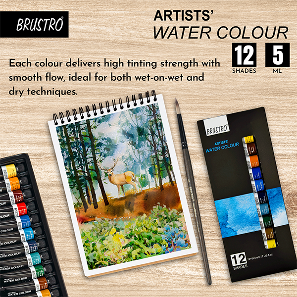BRUSTRO Artist's Watercolour Paint | Set of 12 Colours X 5ML Tubes | Ideal for Landscape, Portrait, Paper, Painting, Artist, Professional watercolor, Transparent Colors, Painting Dry & Wet, Fine Art