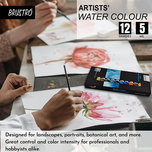 BRUSTRO Artist's Watercolour Paint | Set of 12 Colours X 5ML Tubes | Ideal for Landscape, Portrait, Paper, Painting, Artist, Professional watercolor, Transparent Colors, Painting Dry & Wet, Fine Art