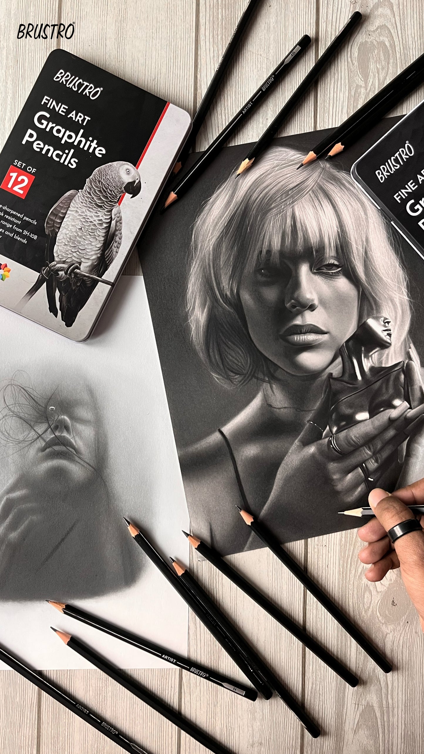 BRUSTRO Fine Art Graphite Pencil Set |10B - 2H | Pack of 12 with Elegant Tin Box| Ideal for Students and Adults, Drawing, Sketching, Mandala Shading, Pencils For Beginners and Artists