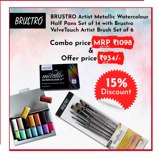 BRUSTRO Artist Metallic Watercolour Half Pans Set of 14 with Brustro VelveTouch Artist Brush Set of 6