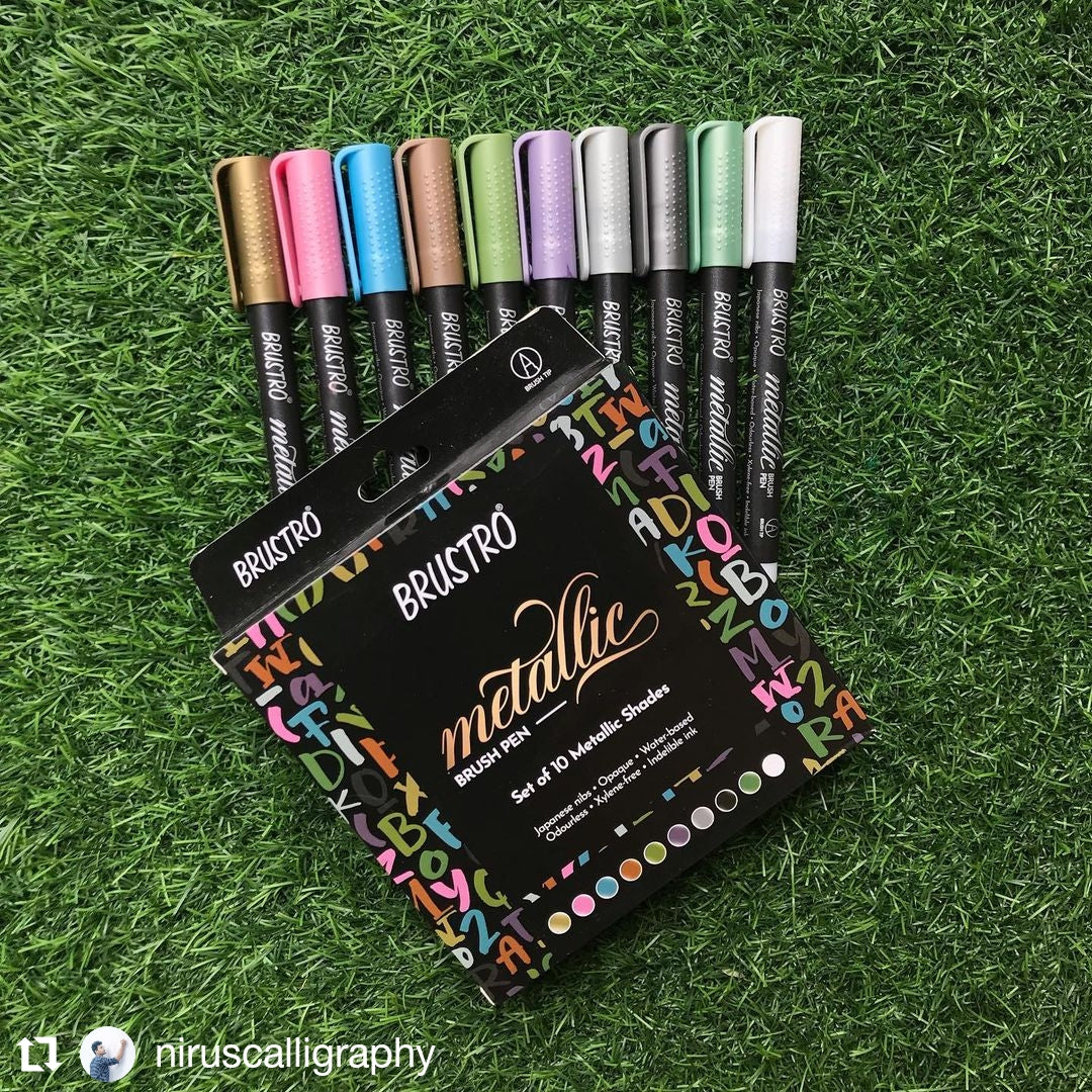 BRUSTRO Metallic Brush Marker Pens | Set of 10 Metallic Shades | Japanese Nibs, Soft Brush Tip, Indelible Ink, Suitable for Calligraphy, Hand Lettering, Colouring, Scrapbooking, Card Making Craft
