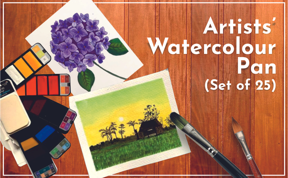 BRUSTRO Artists Watercolour Paint Pan Set of 25 with Artists Watercolour Paper 300 GSM, 25% Cotton, Color, Cold Pressed, A4 (Pack of 12), A3 (Pack of 6) & A5 (Pack of 24)