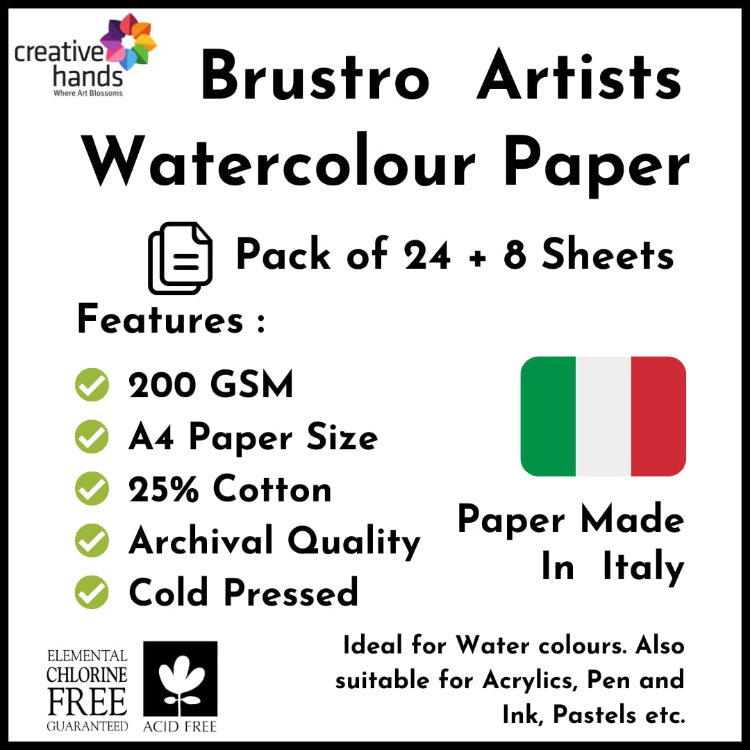 Brustro Artists Watercolour Paper, A4 Size, 200 GSM, 25% Cotton CP, 12 + 4 Sheets Free (Pack of 2)