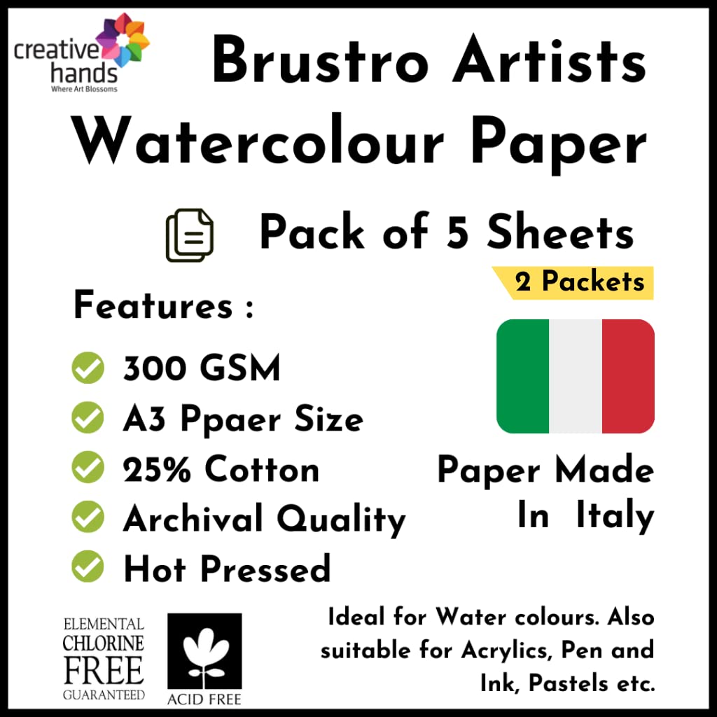 Brustro Watercolour Papers 25% Cotton HP 300 GSM A3 , 2 Packets (Each Packet Contains 5 sheets)
