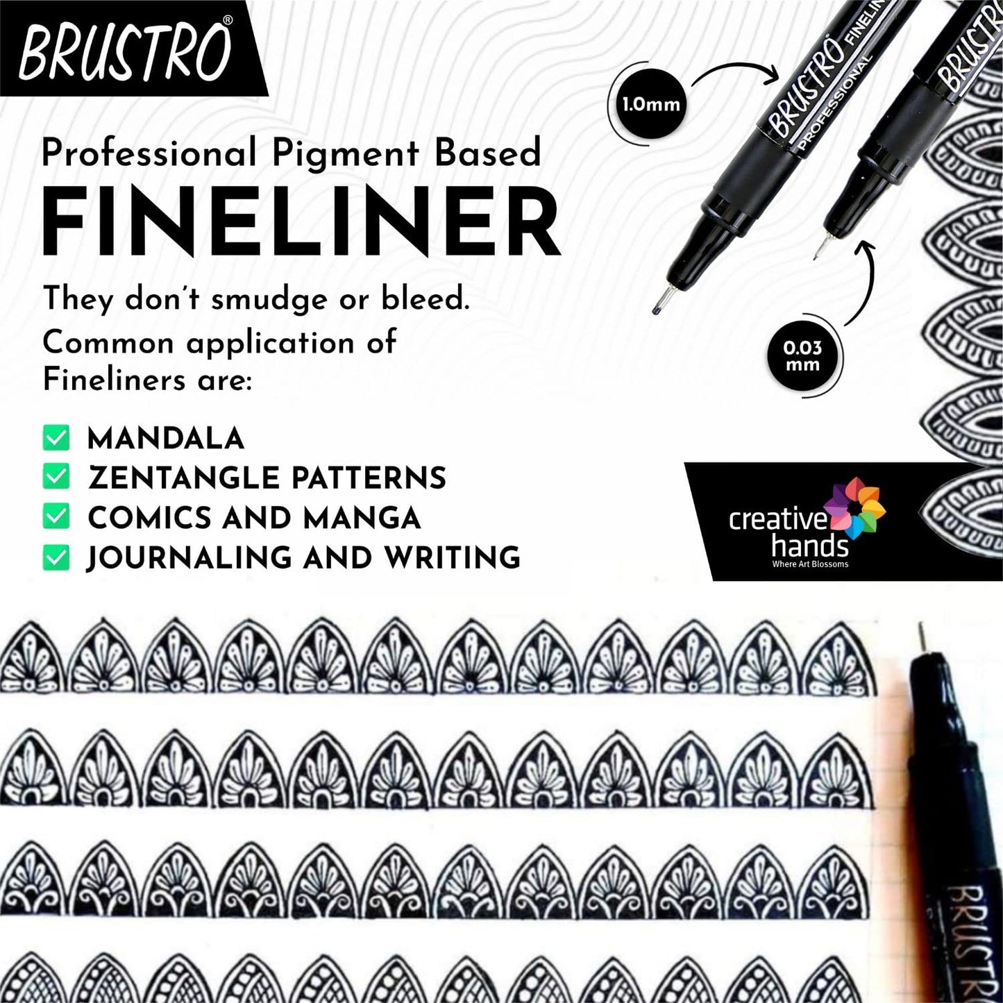 Brustro Professional Pigment Based Fineliner Pen | Black | Set of 10 - Tip Size 0.03mm |Archival Waterproof UV Resistant Ink |Ideal For Technical Drawing,Waterproof,Artist Illustration,Sketching,Mandala