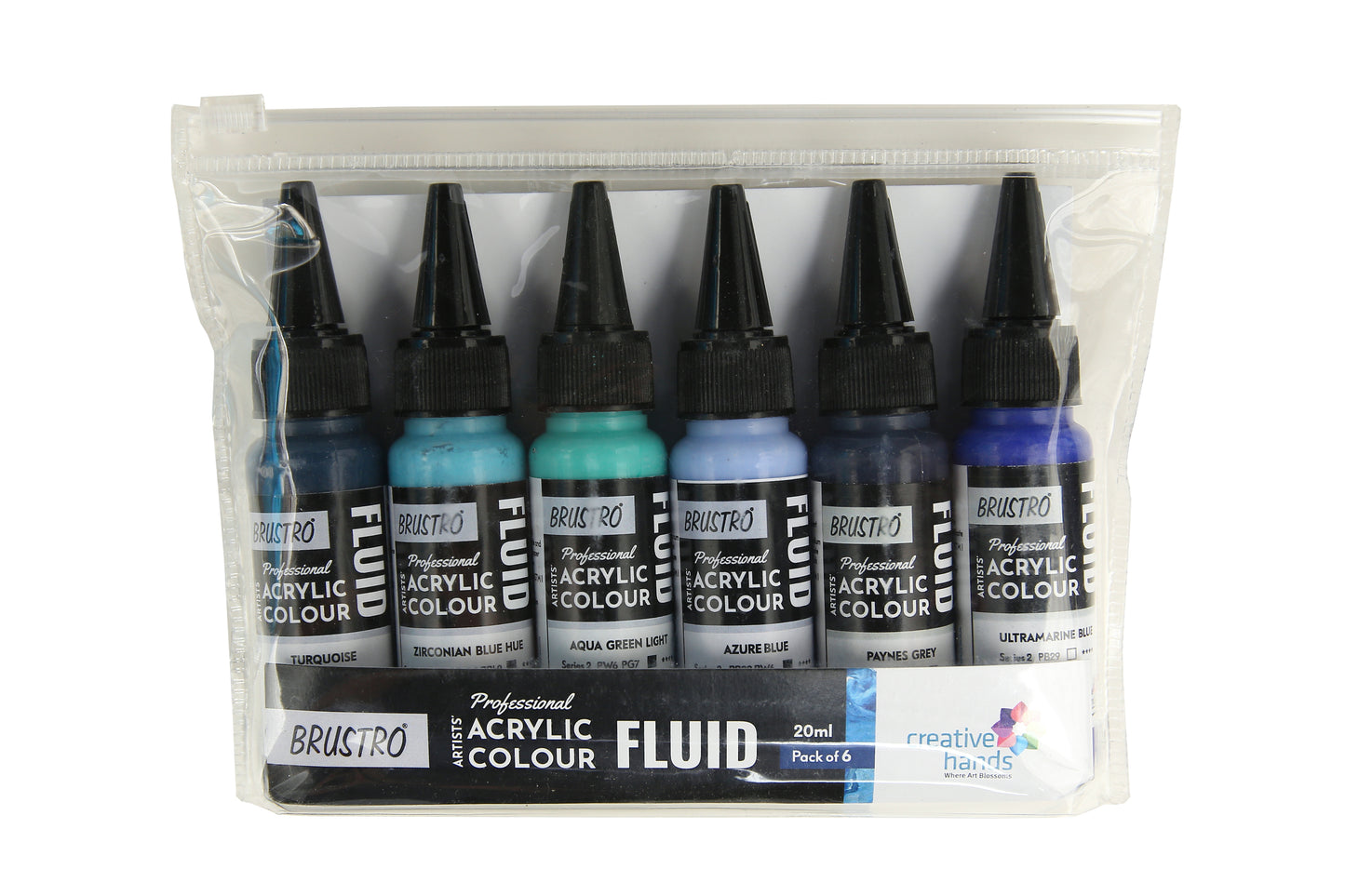 Brustro Professional Artists Fluid Acrylic 20 ml Beyond The Blues Set of 6 (Turquoise, Ultramarine Blue, Zirconian Blue Hue, Paynes Grey, Aqua Green Light, Azure Blue) with Pouring Medium 200 ml