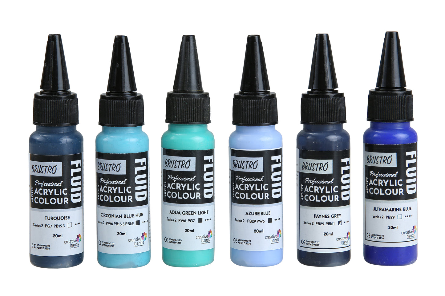 Brustro Professional Artists Fluid Acrylic 20 ml Beyond The Blues Set of 6 (Turquoise, Ultramarine Blue, Zirconian Blue Hue, Paynes Grey, Aqua Green Light, Azure Blue) with Pouring Medium 200 ml