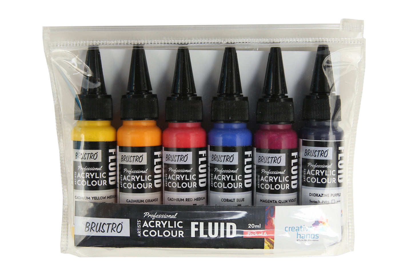 Brustro Professional Artists ’ Fluid Acrylic 20 ml High Chroma Set of 6 (Cad Orange,Cad Yellow Medium,Cad Red Medium,Cobalt Blue,Dioxazine Purple,Magenta Quinh Violet) with Pouring Medium 200 ml