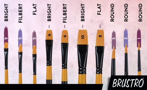 BRUSTRO Artist's Acrylic Colour | Set of 12 Colours X 12ml Tubes with Artists Gold TAKLON Brushes - Set of 10 | Ideal for Non-Craking Paint for Canvas, Wood,Leather,Portrait