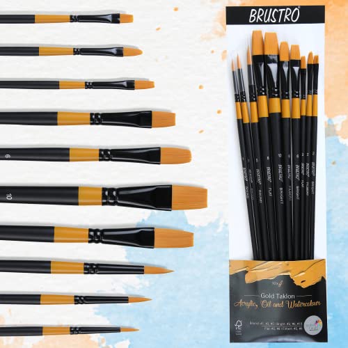 BRUSTRO Artist's Acrylic Colour | Set of 12 Colours X 12ml Tubes with Artists Gold TAKLON Brushes - Set of 10 | Ideal for Non-Craking Paint for Canvas, Wood,Leather,Portrait