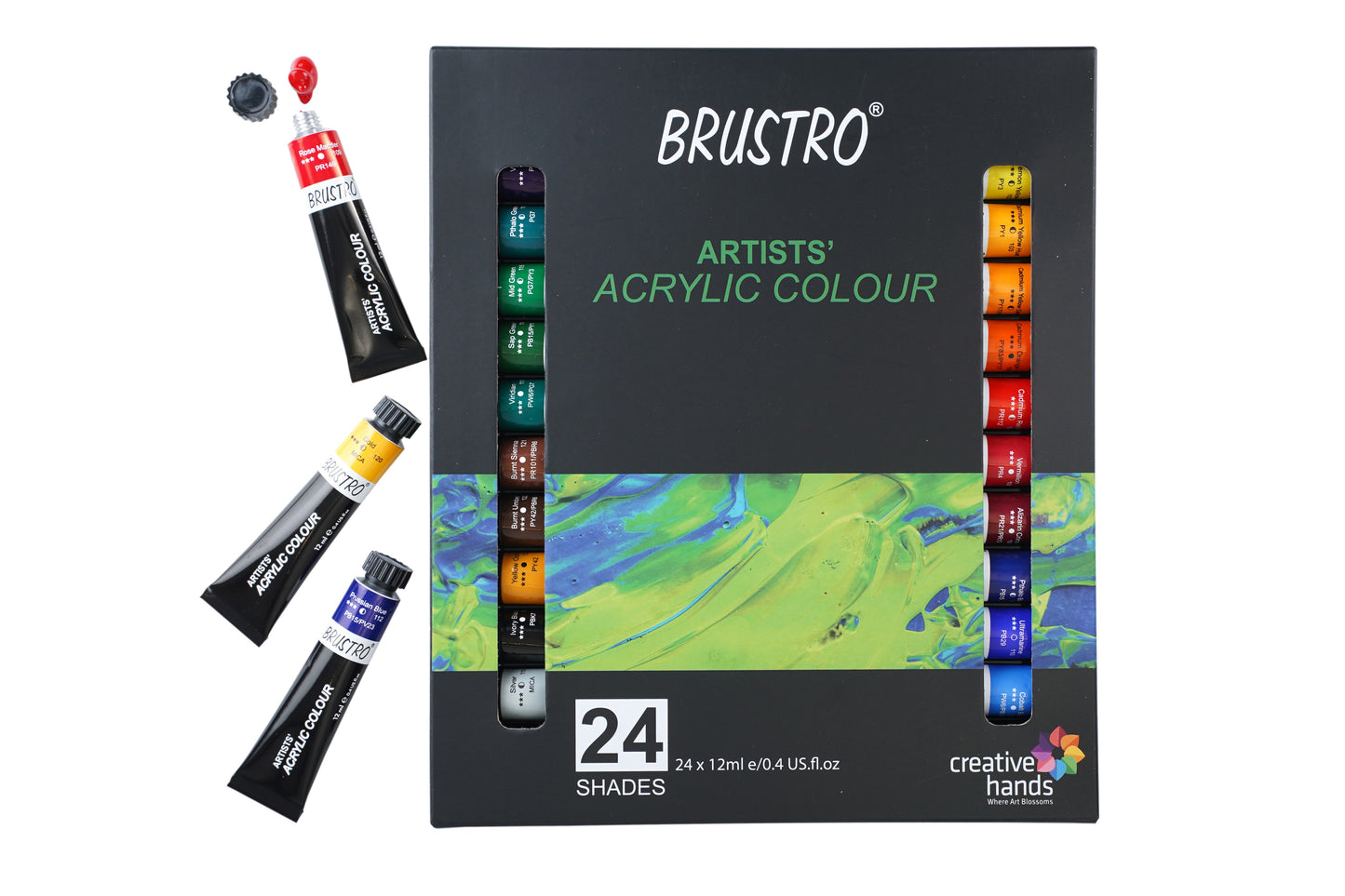BRUSTRO Acrylic Paint colour set | Set of 24 Colours X 12ml Tubes | Highly pigmented, Intermixable, Perfect For Students, Adults, Beginners, Professionals and Artists
